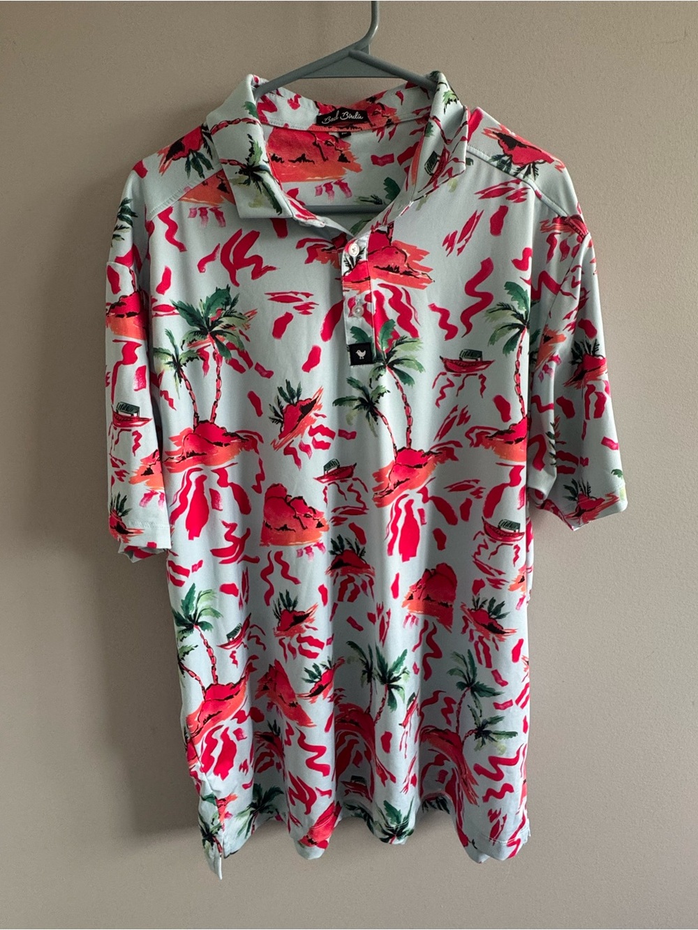 Bad Birdie Tropical Island Golf Polo Shirt 2XL Pink Blue